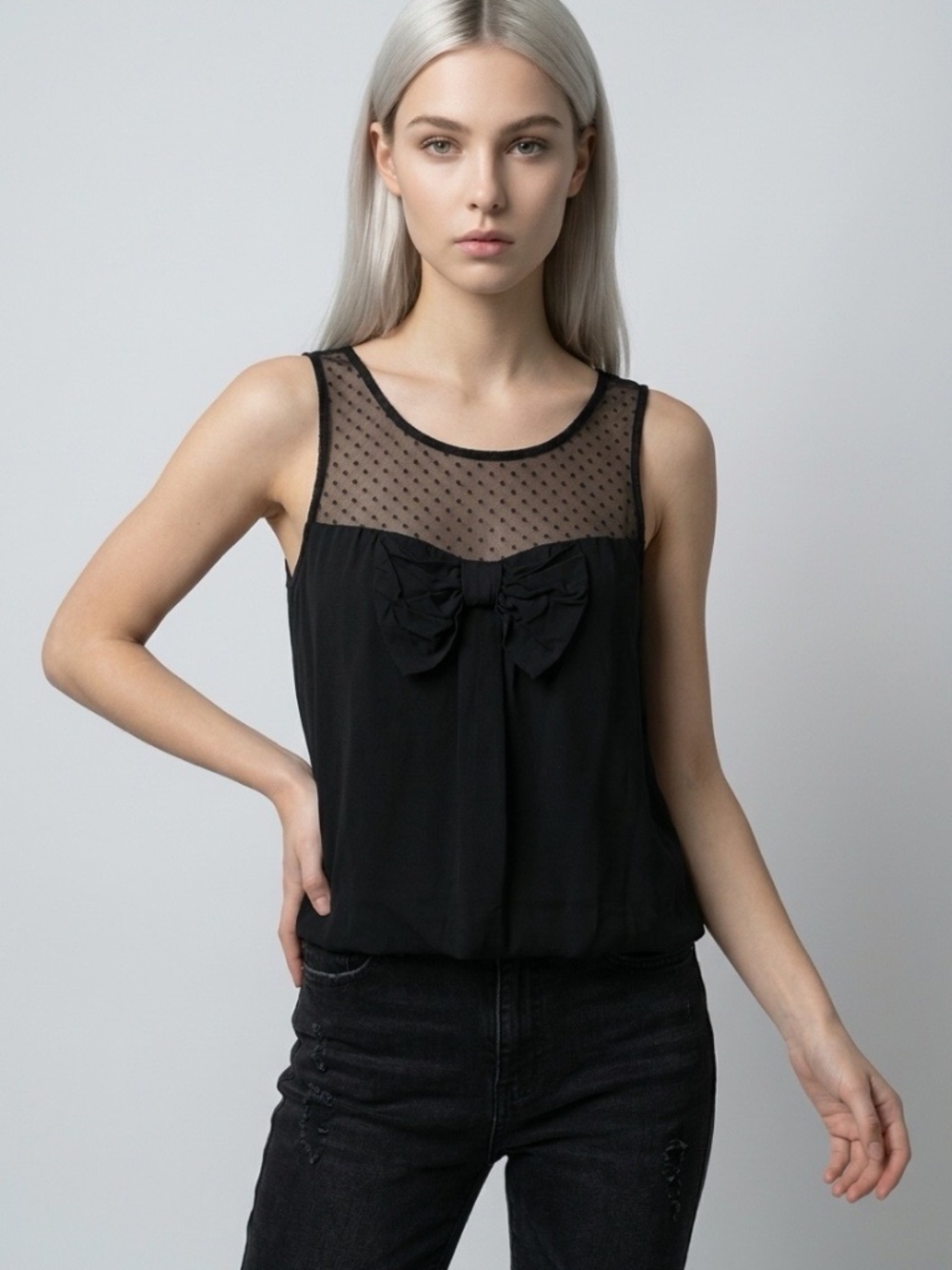 Ambiance Apparel Y2K Babydoll Mesh Bow Top Womens Small Fairygoth Whimsigoth